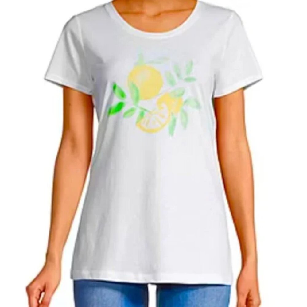 NEW! St Johns Bay lemons T-Shirt XS Cotton Blend White Round Neck Short Sleeves